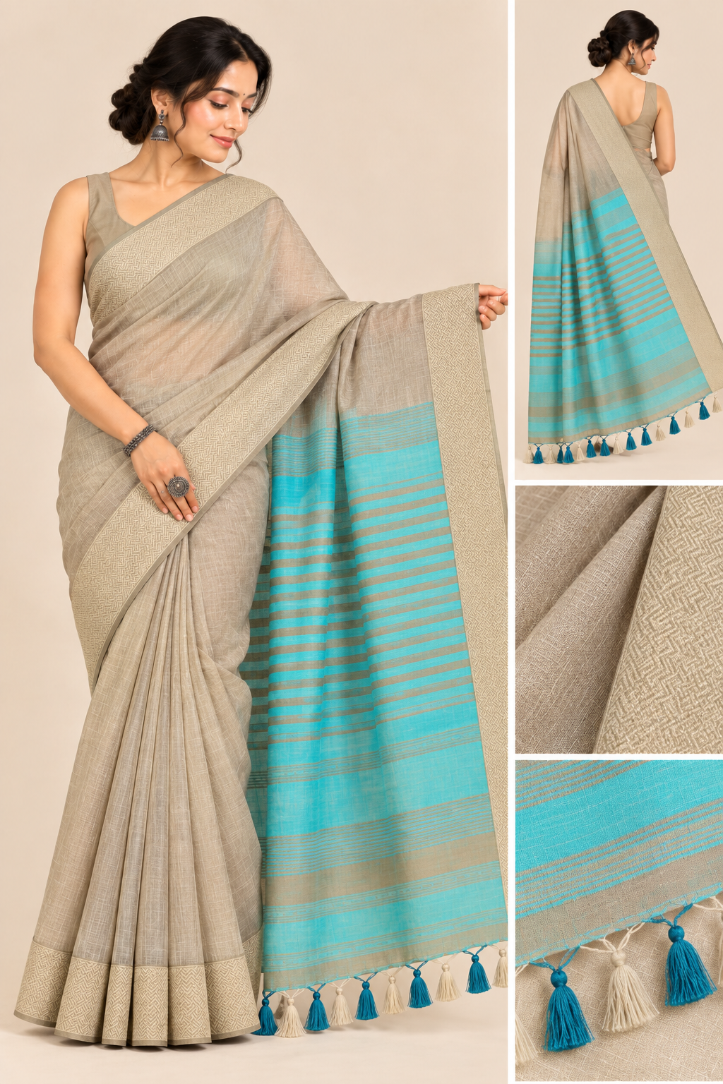 Narmada Lehar 100 Ghar Border Plain Silk Saree - SKU-40-GO-MS-001-BEIGE (4)