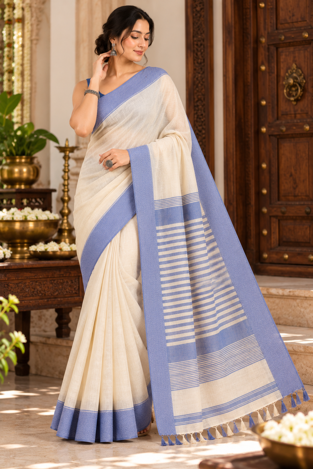 Narmada Lehar 100 Ghar Border Plain Silk Saree - SKU-40-GO-MS-001-CREAM (3)