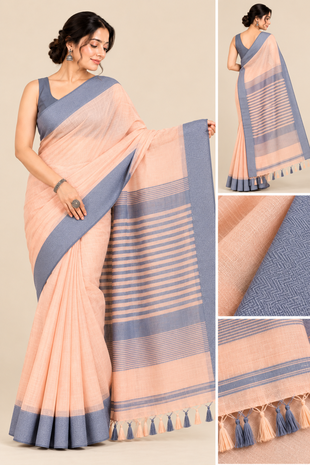 Narmada Lehar 100 Ghar Border Plain Silk Saree - SKU-40-GO-MS-001-PEACH (4)