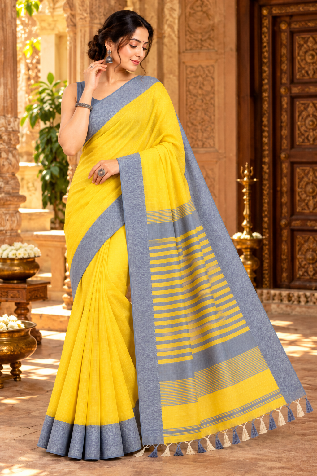 Narmada Lehar 100 Ghar Border Plain Silk Saree - SKU-40-GO-MS-001-MUSTARD (2)