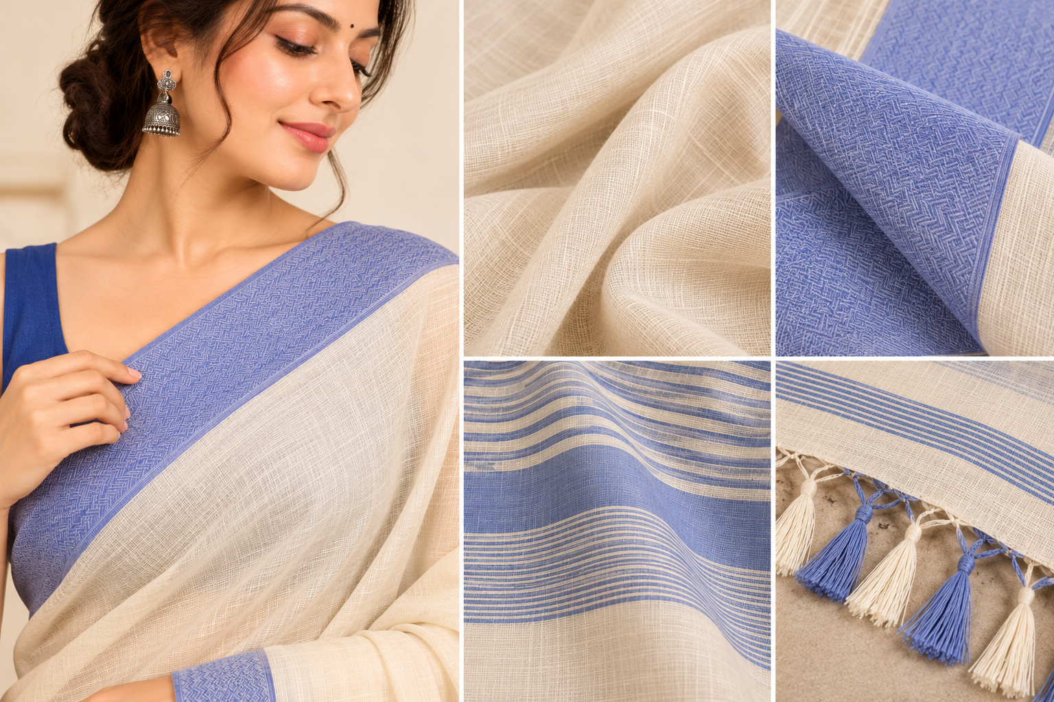 Narmada Lehar 100 Ghar Border Plain Silk Saree - SKU-40-GO-MS-001-CREAM (5)