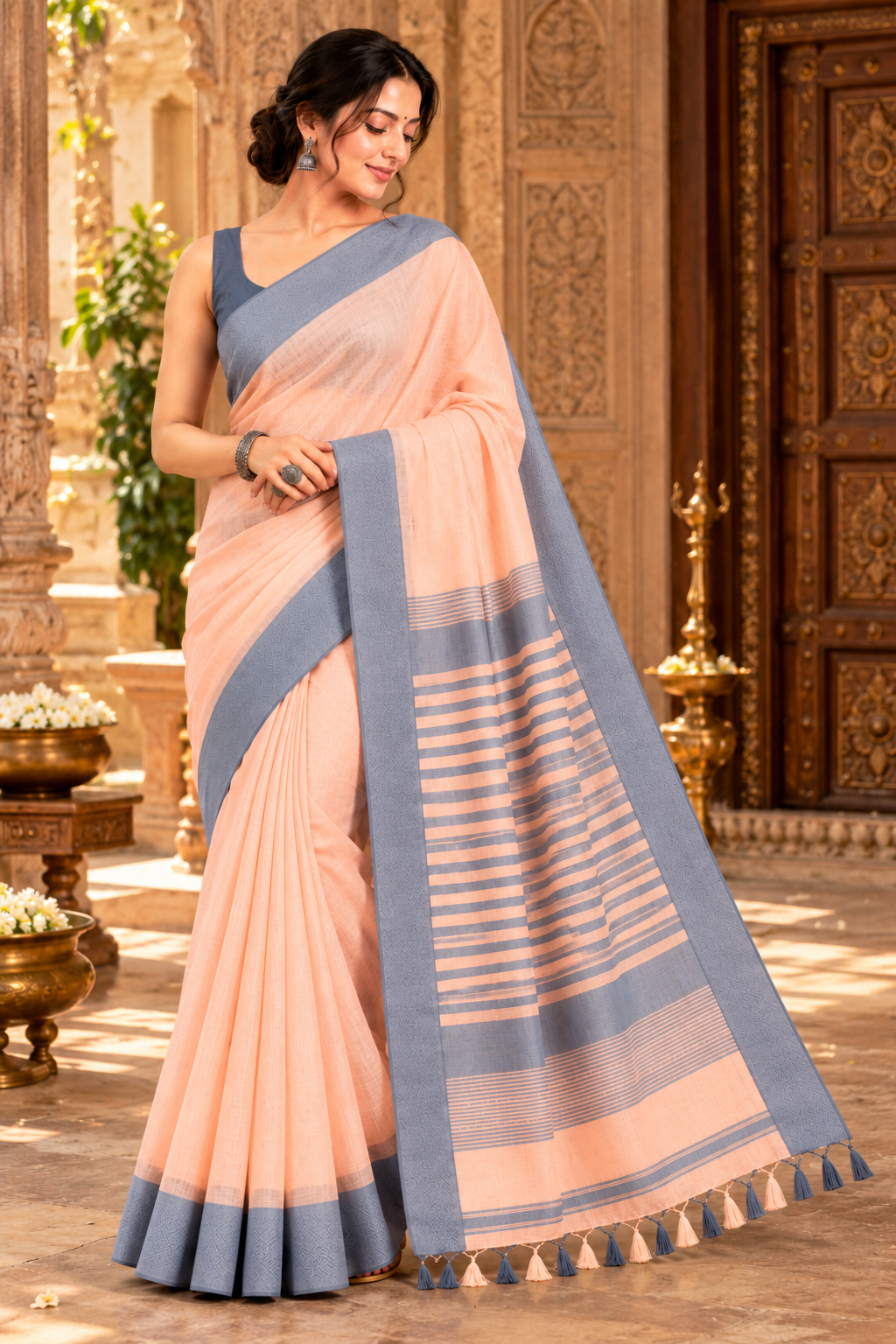 Narmada Lehar 100 Ghar Border Plain Silk Saree - SKU-40-GO-MS-001-PEACH (3)