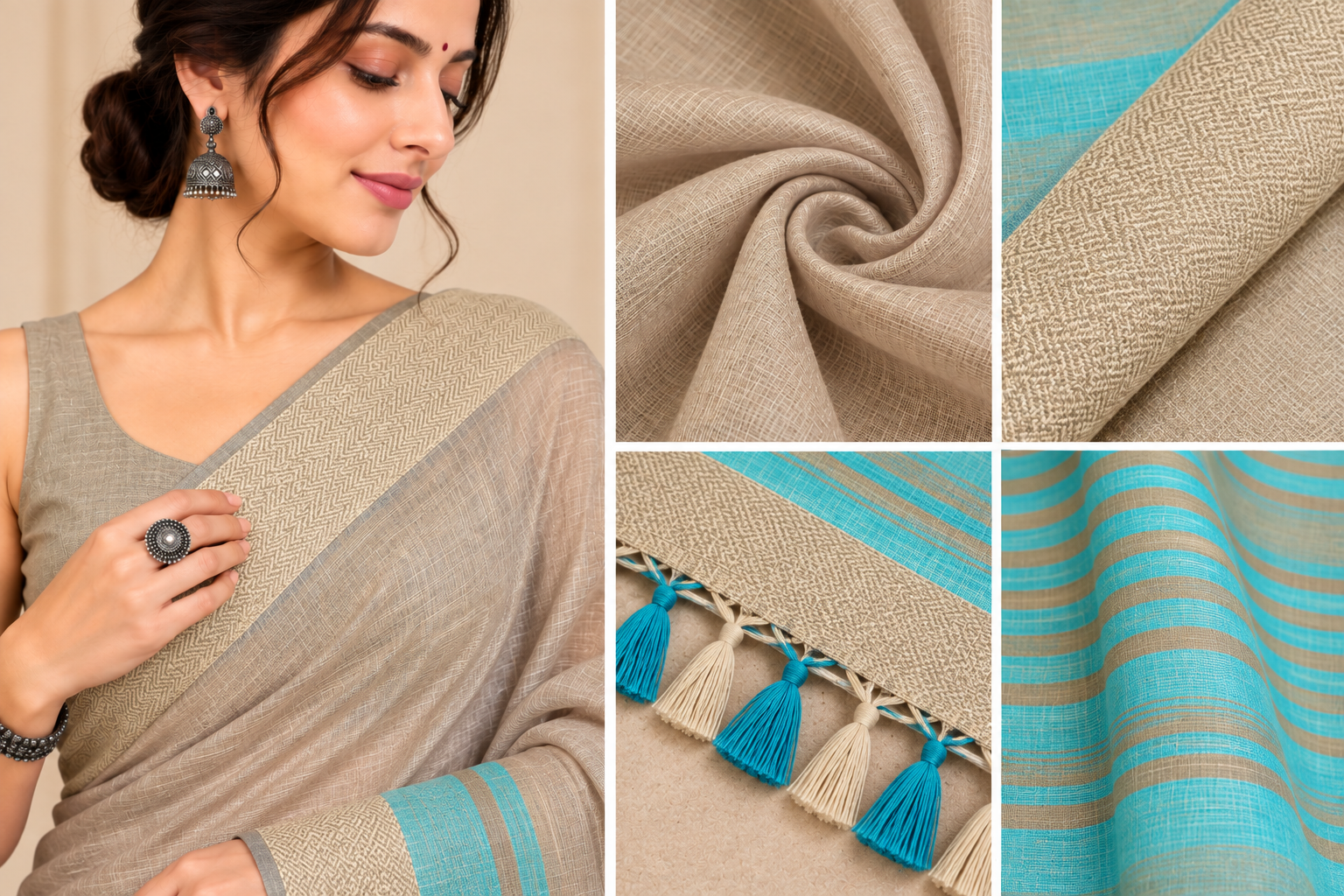 Narmada Lehar 100 Ghar Border Plain Silk Saree - SKU-40-GO-MS-001-BEIGE (5)