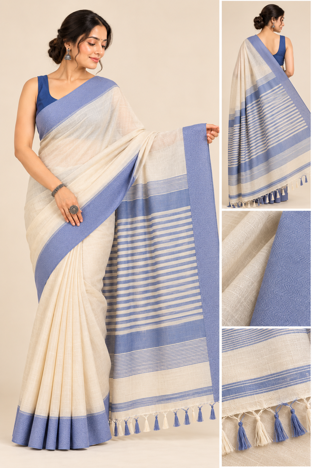 Narmada Lehar 100 Ghar Border Plain Silk Saree - SKU-40-GO-MS-001-CREAM (4)