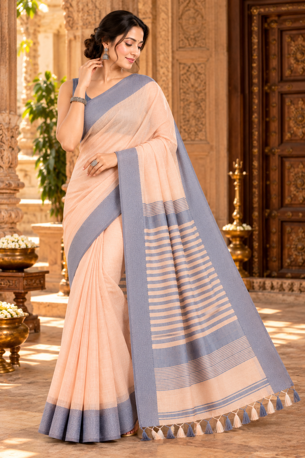 Narmada Lehar 100 Ghar Border Plain Silk Saree - SKU-40-GO-MS-001-PEACH (2)