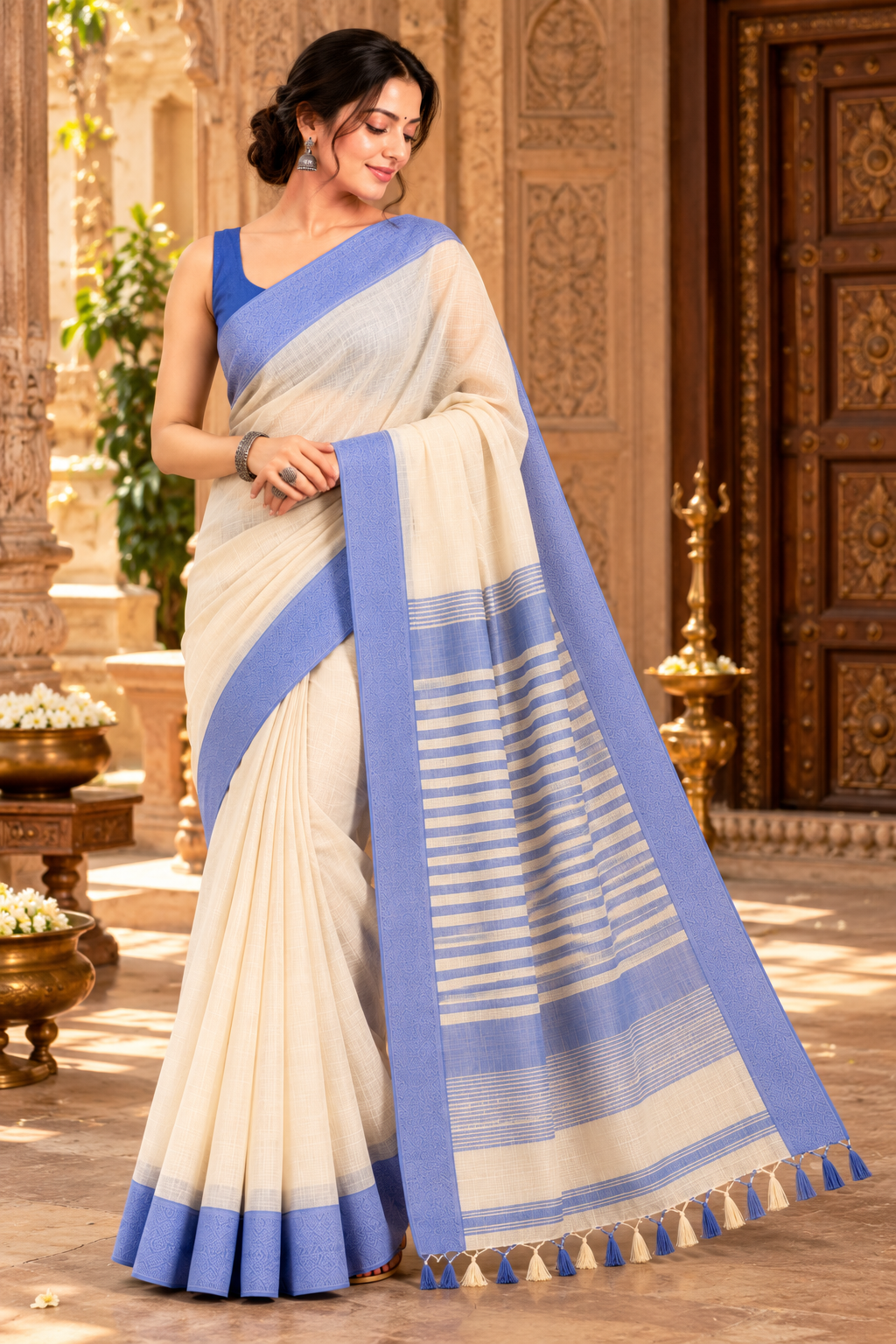 Narmada Lehar 100 Ghar Border Plain Silk Saree - SKU-40-GO-MS-001-CREAM (2)