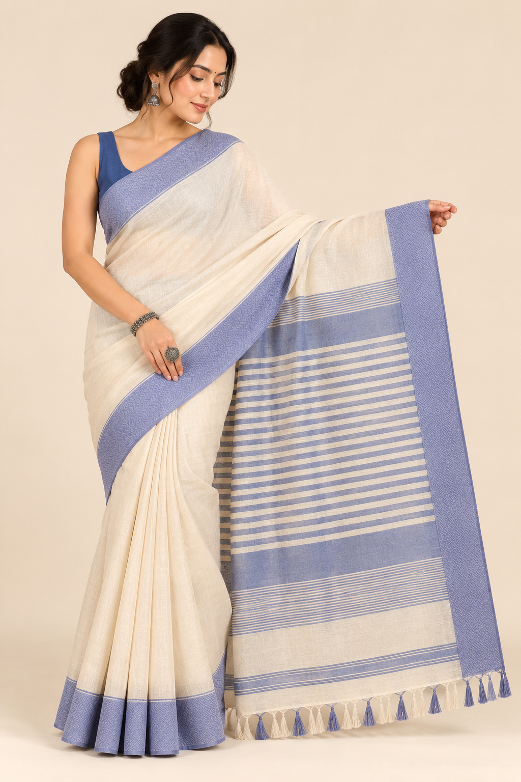 Narmada Lehar 100 Ghar Border Plain Silk Saree - SKU-40-GO-MS-001-CREAM (1)