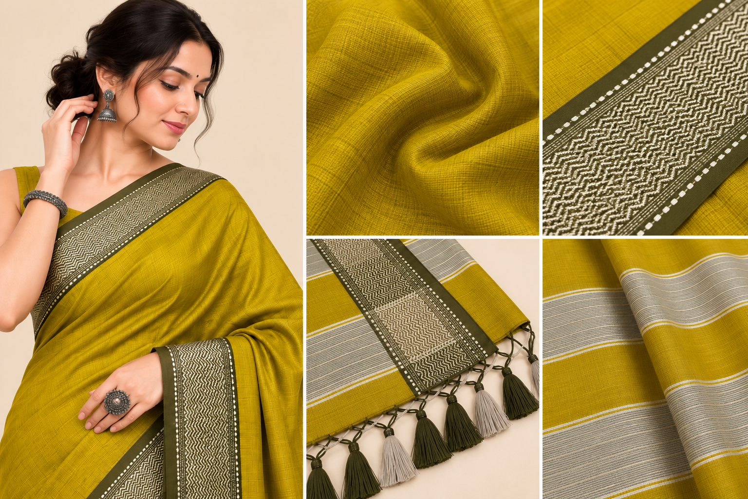 Narmada Lehar Plain Silk Saree - SKU-41-GO-NLPS-001-MUSTARD-OLIVE (5)
