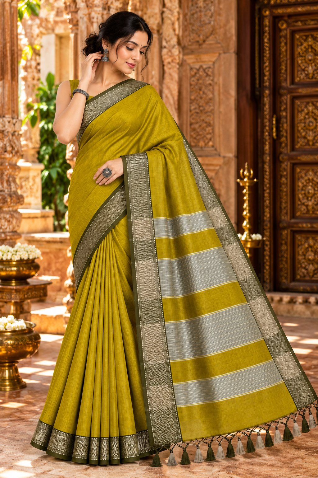 Narmada Lehar Plain Silk Saree - SKU-41-GO-NLPS-001-MUSTARD-OLIVE (2)