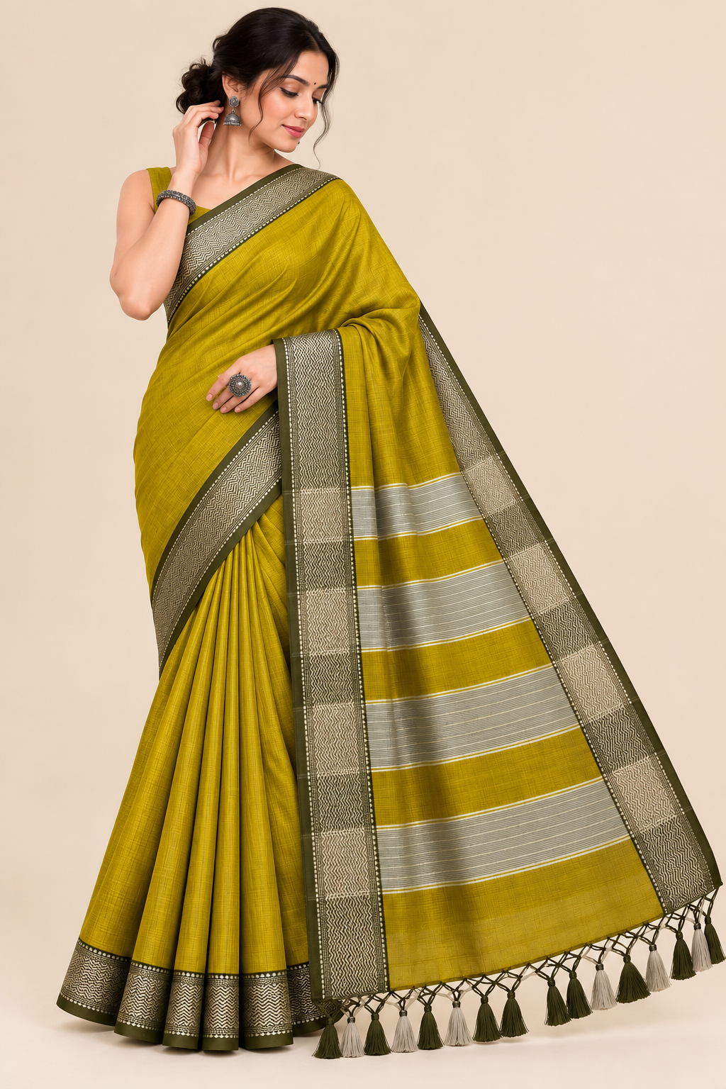Narmada Lehar Plain Silk Saree - SKU-41-GO-NLPS-001-MUSTARD-OLIVE (1)