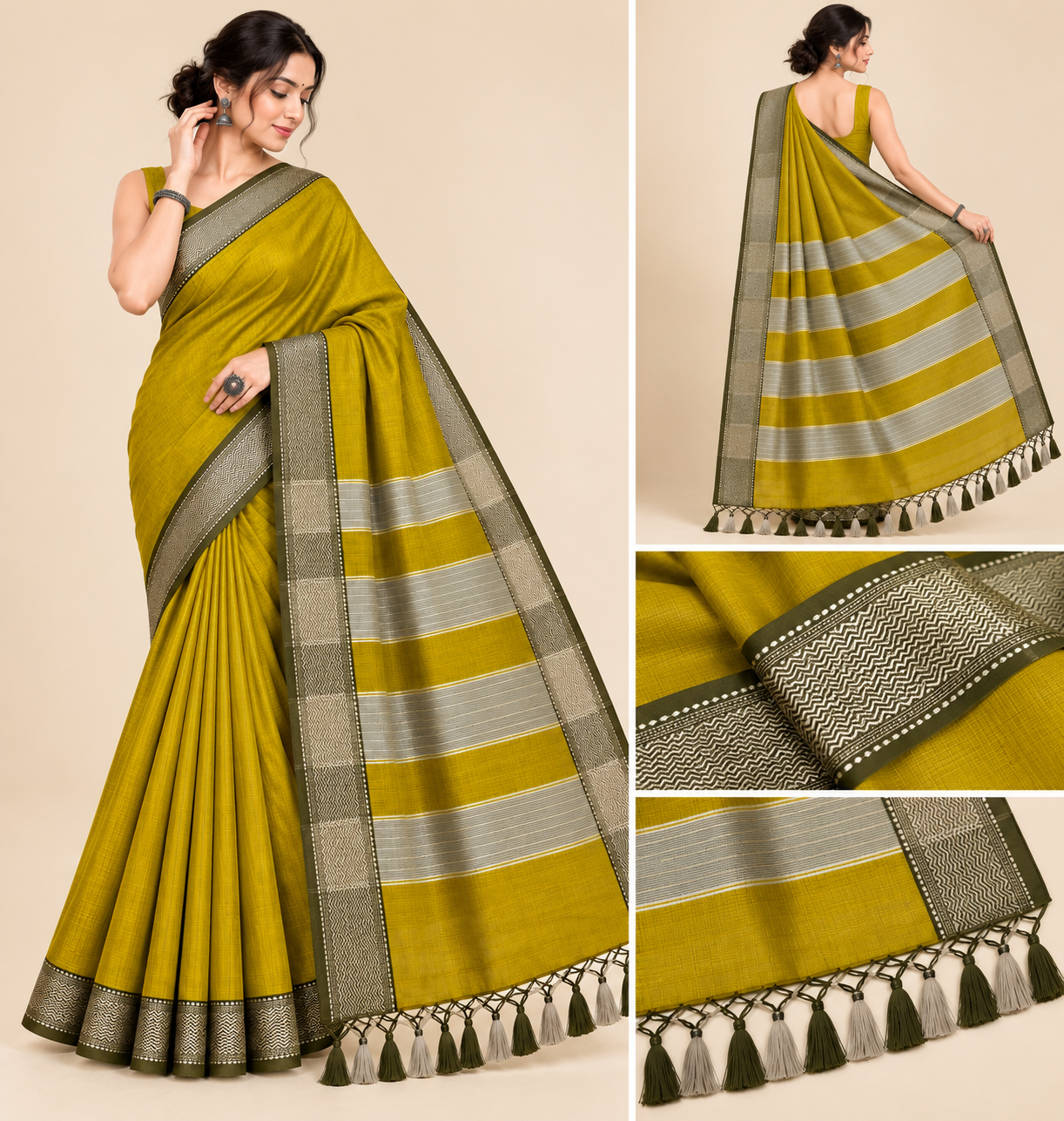 Narmada Lehar Plain Silk Saree - SKU-41-GO-NLPS-001-MUSTARD-OLIVE (4)