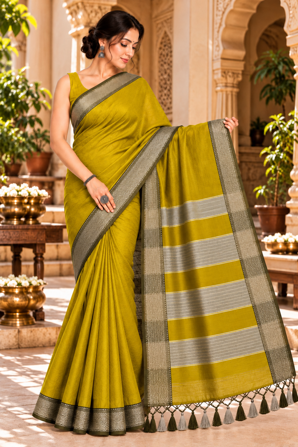Narmada Lehar Plain Silk Saree - SKU-41-GO-NLPS-001-MUSTARD-OLIVE (3)