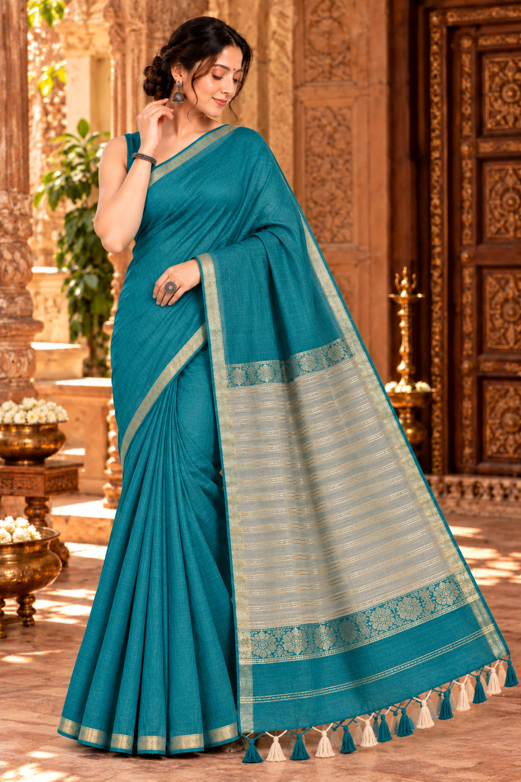 25 Ghar Border Kosa Pallu Saree - SKU-42-GO-25GBKPS-001-TEAL (2)