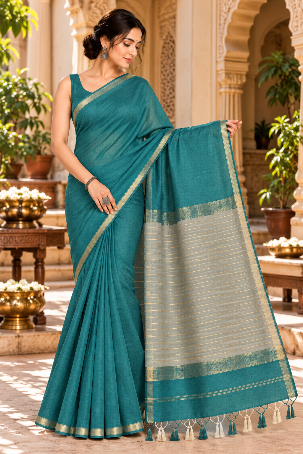 25 Ghar Border Kosa Pallu Saree - SKU-42-GO-25GBKPS-001-TEAL (3)