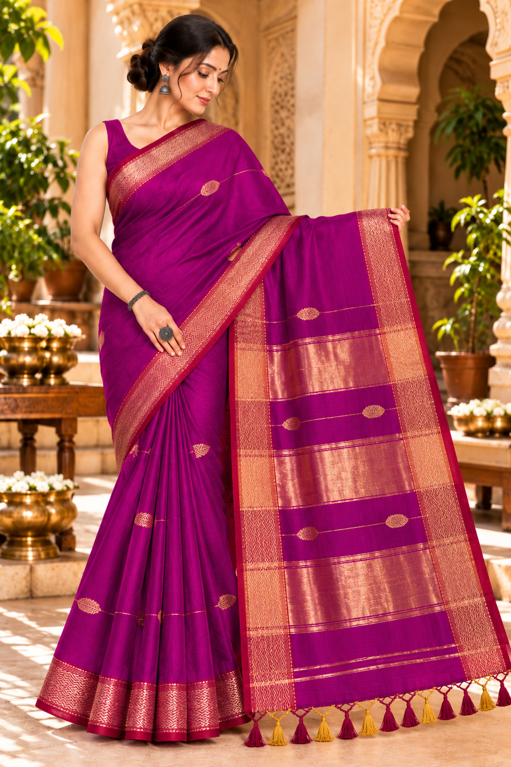 Narmada Lehar Border Buta Saree - SKU-44-GO-NLBB-001-MAGENTA (2)