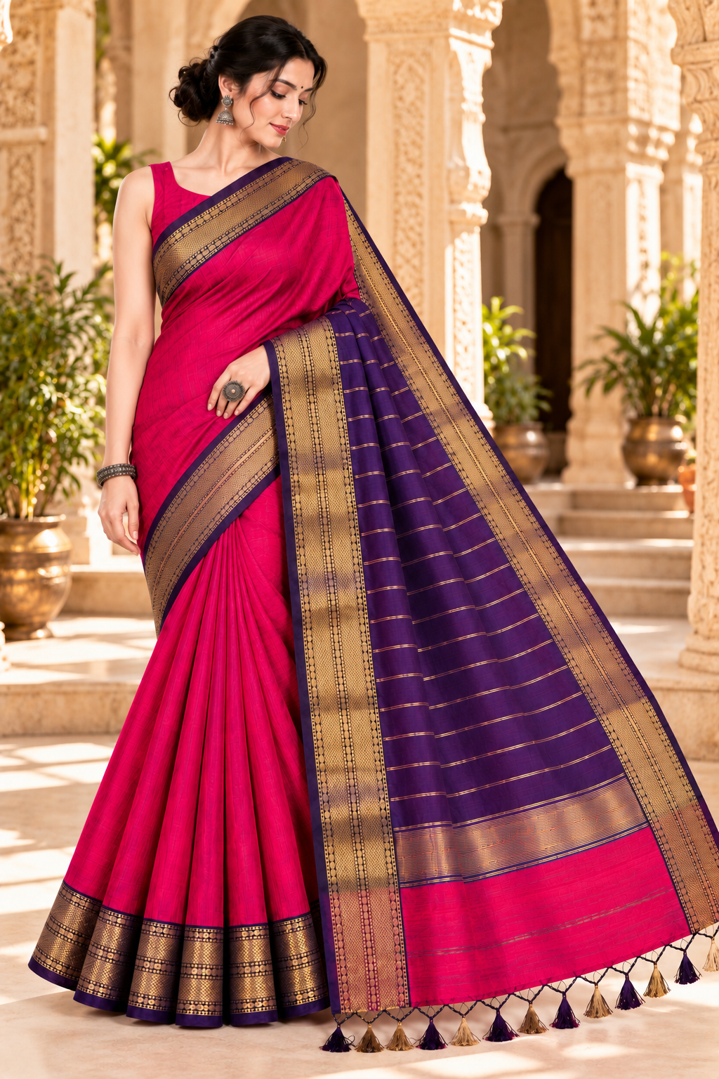 150 Ghar Border Double Design Saree - SKU-45-GO-150GBDD-001-MAGENTA (3)