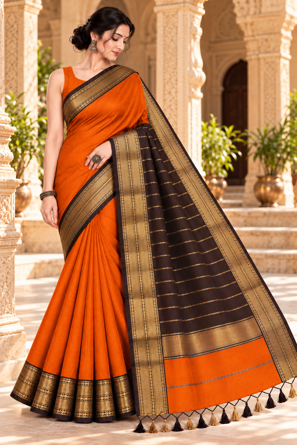 150 Ghar Border Double Design Saree - SKU-45-GO-150GBDD-001-BURNT-ORANGE (3)