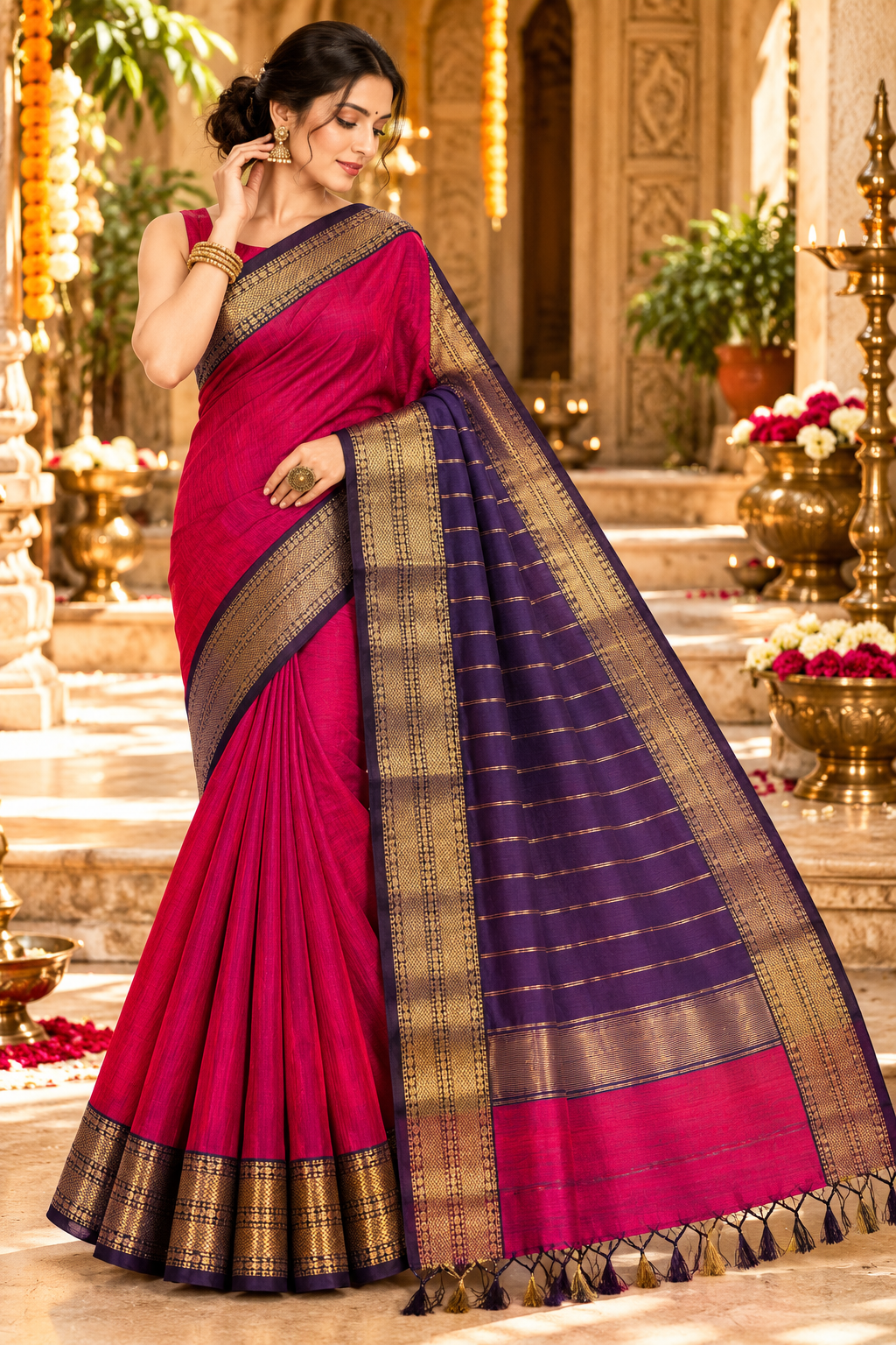 150 Ghar Border Double Design Saree - SKU-45-GO-150GBDD-001-MAGENTA (2)