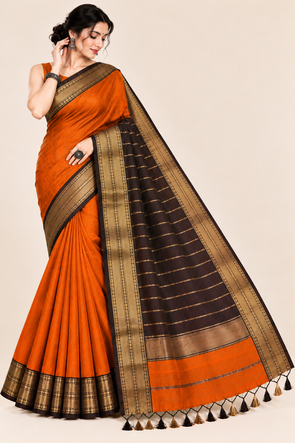 150 Ghar Border Double Design Saree - SKU-45-GO-150GBDD-001-BURNT-ORANGE (1)