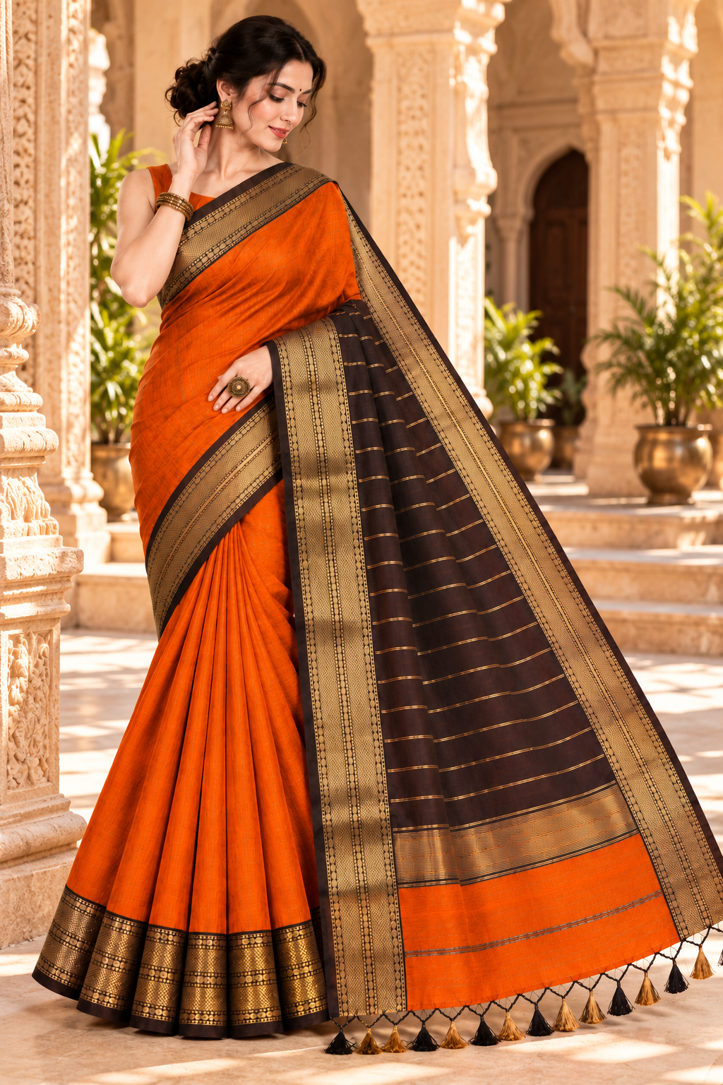 150 Ghar Border Double Design Saree - SKU-45-GO-150GBDD-001-BURNT-ORANGE (2)