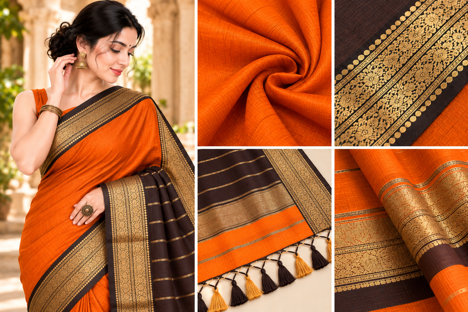 150 Ghar Border Double Design Saree - SKU-45-GO-150GBDD-001-BURNT-ORANGE (5)