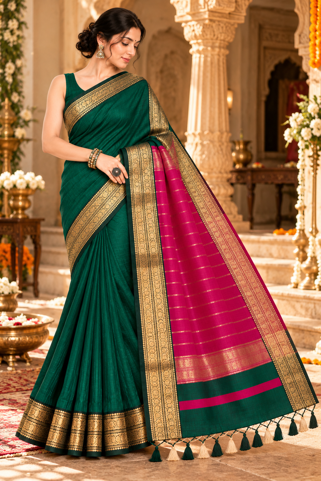 150 Ghar Border Double Design Saree - SKU-45-GO-150GBDD-001-GREEN (3)