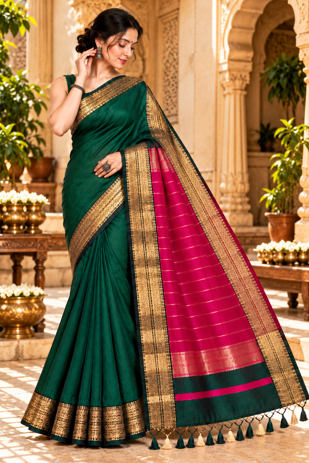 150 Ghar Border Double Design Saree - SKU-45-GO-150GBDD-001-GREEN (2)