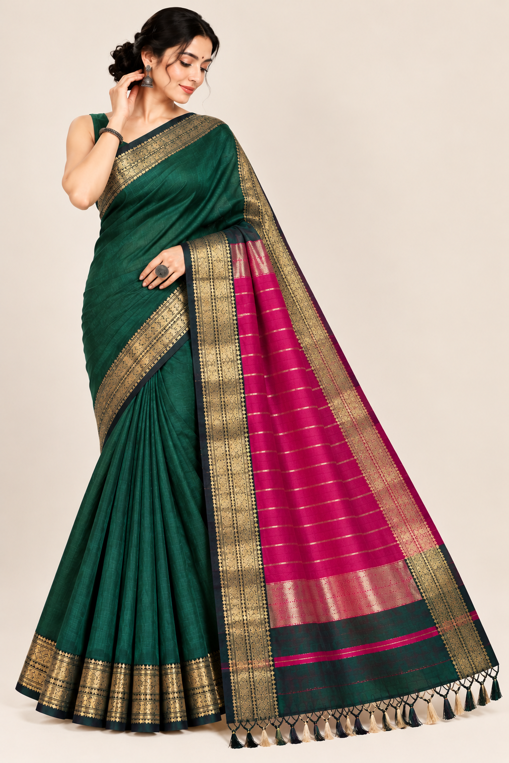 150 Ghar Border Double Design Saree - SKU-45-GO-150GBDD-001-GREEN (1)