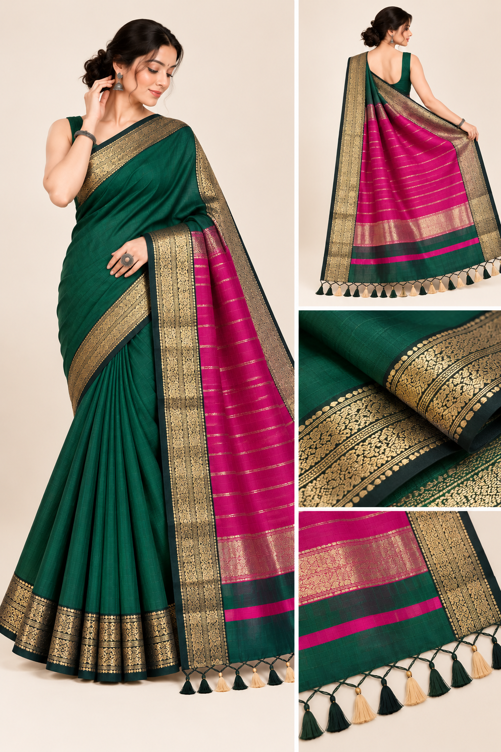 150 Ghar Border Double Design Saree - SKU-45-GO-150GBDD-001-GREEN (4)